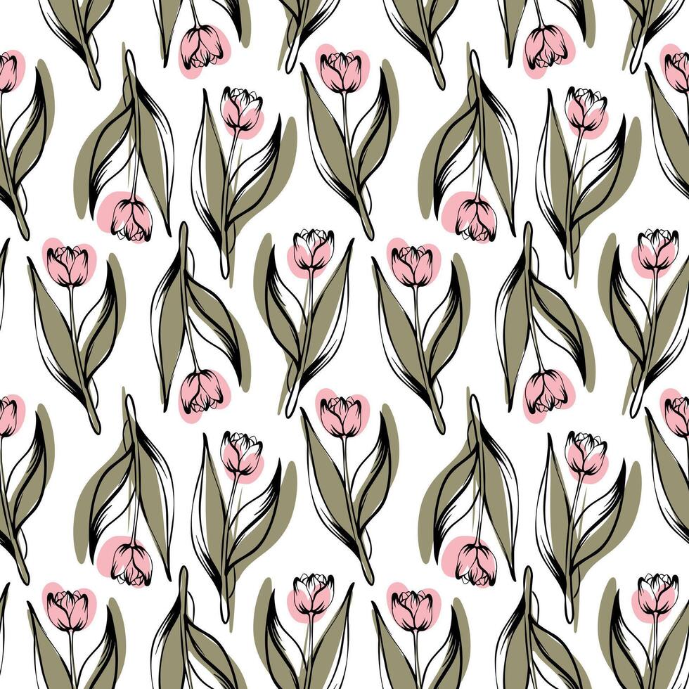 Seamless pattern with spring and summer colors. Sketch-style tulip pattern, hand-drawn on white background for unique packaging designs and flower shops. vector