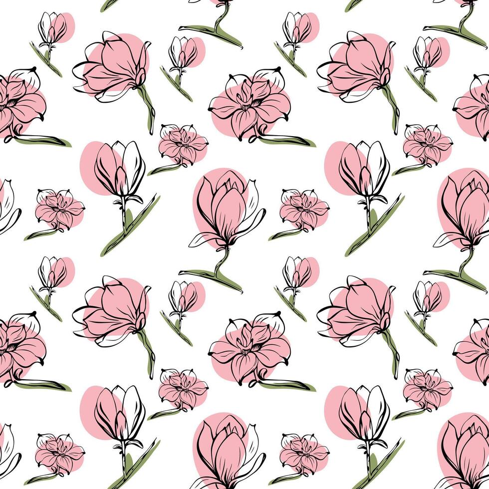 Seamless pattern with spring and summer flowers. Sketch-style magnolia pattern, hand-drawn on white background for unique design of packaging and flower shops. vector