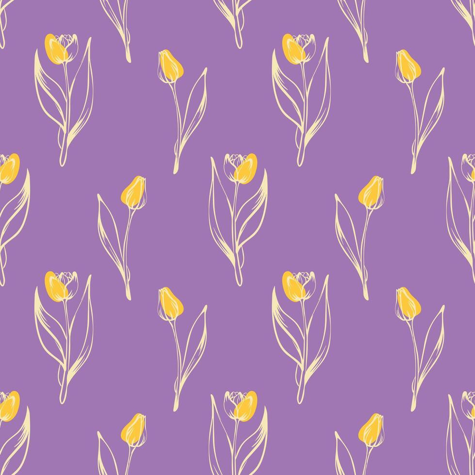 sin costura modelo con primavera y verano colores. estilo boceto tulipán patrón, dibujado a mano en Violeta antecedentes con amarillo brotes para único embalaje diseños y flor tiendas vector