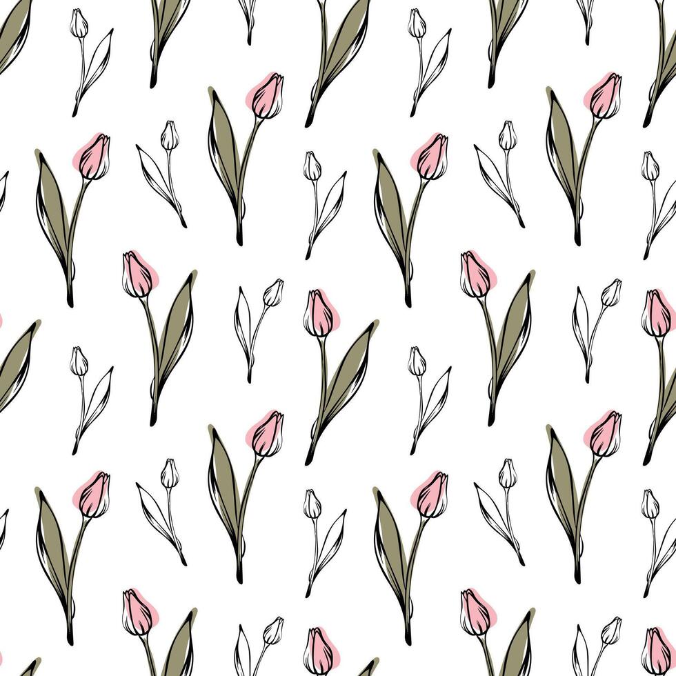 Seamless pattern with spring and summer colors. Sketch-style tulip pattern, hand-drawn on white background for unique packaging designs and flower shops. vector