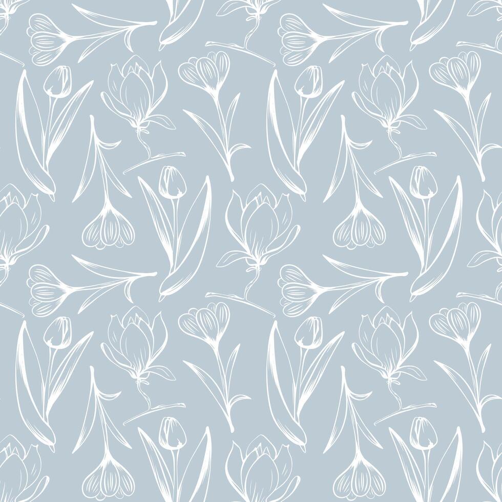 Sketch-style tulip, magnolia and crocus pattern, hand-drawn on blue background for unique packaging designs and flower shops in vintage style. vector