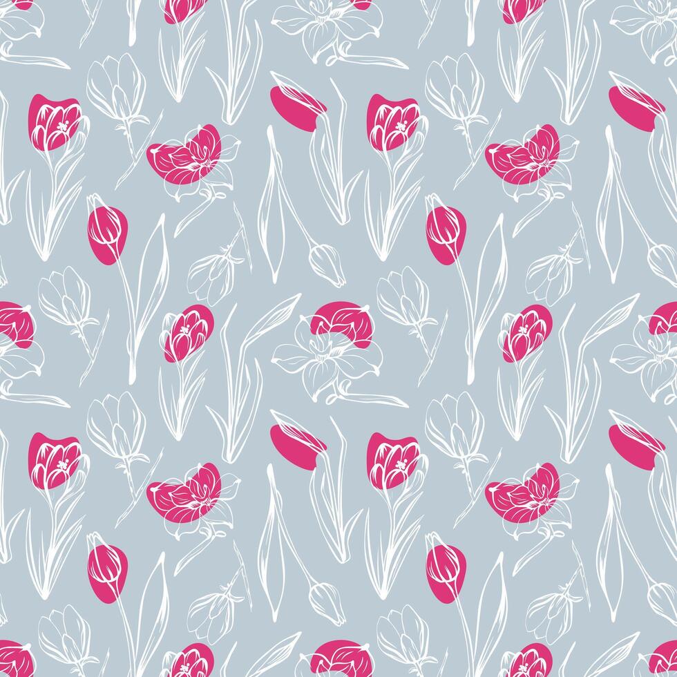 Seamless pattern with spring and summer colors. Sketch-style tulip, magnolia and narcissus pattern, hand-drawn on blue background for unique packaging designs and flower shops. vector