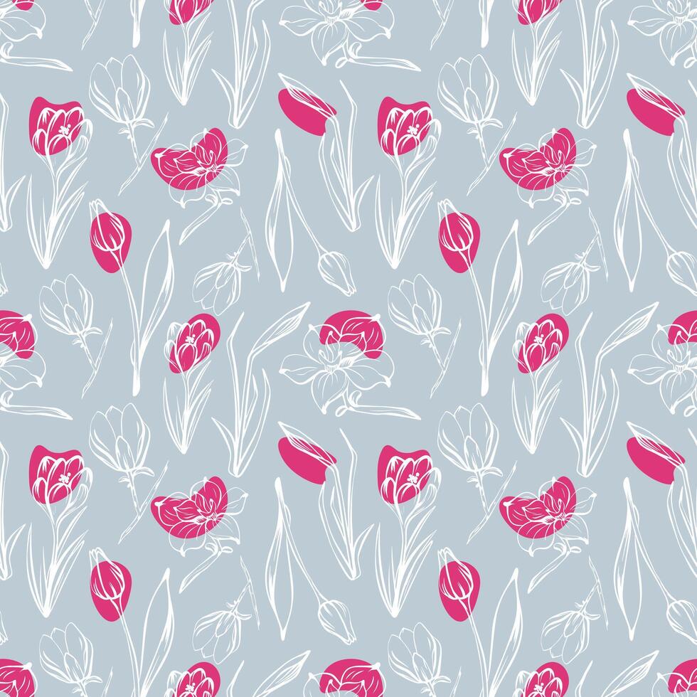 Seamless pattern with spring and summer colors. Sketch-style tulip, magnolia and narcissus pattern, hand-drawn on blue background for unique packaging designs and flower shops. vector