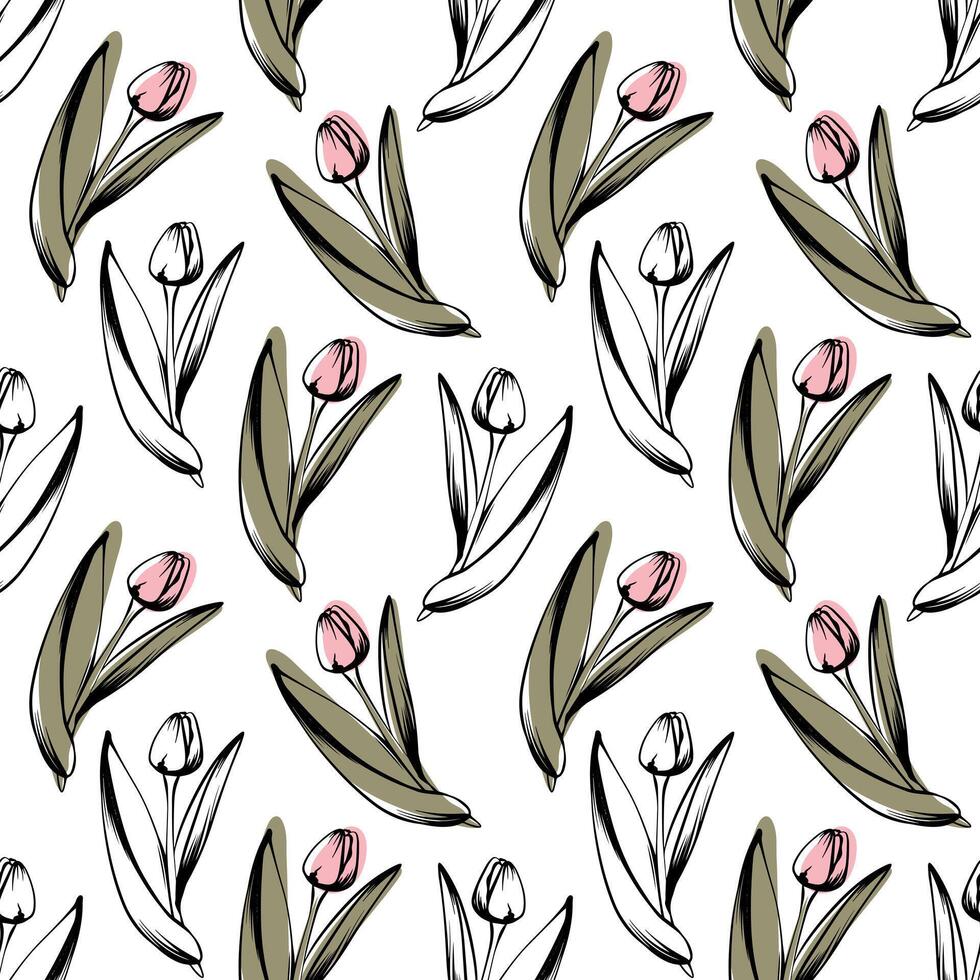 Seamless pattern with spring and summer colors. Sketch-style tulip pattern, hand-drawn on white background for unique packaging designs and flower shops. vector