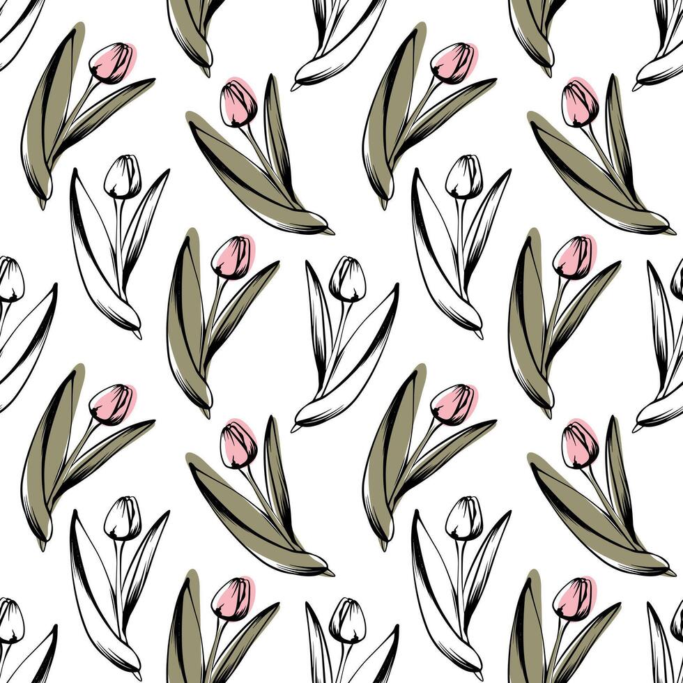 sin costura modelo con primavera y verano colores. estilo boceto tulipán patrón, dibujado a mano en blanco antecedentes para único embalaje diseños y flor tiendas vector