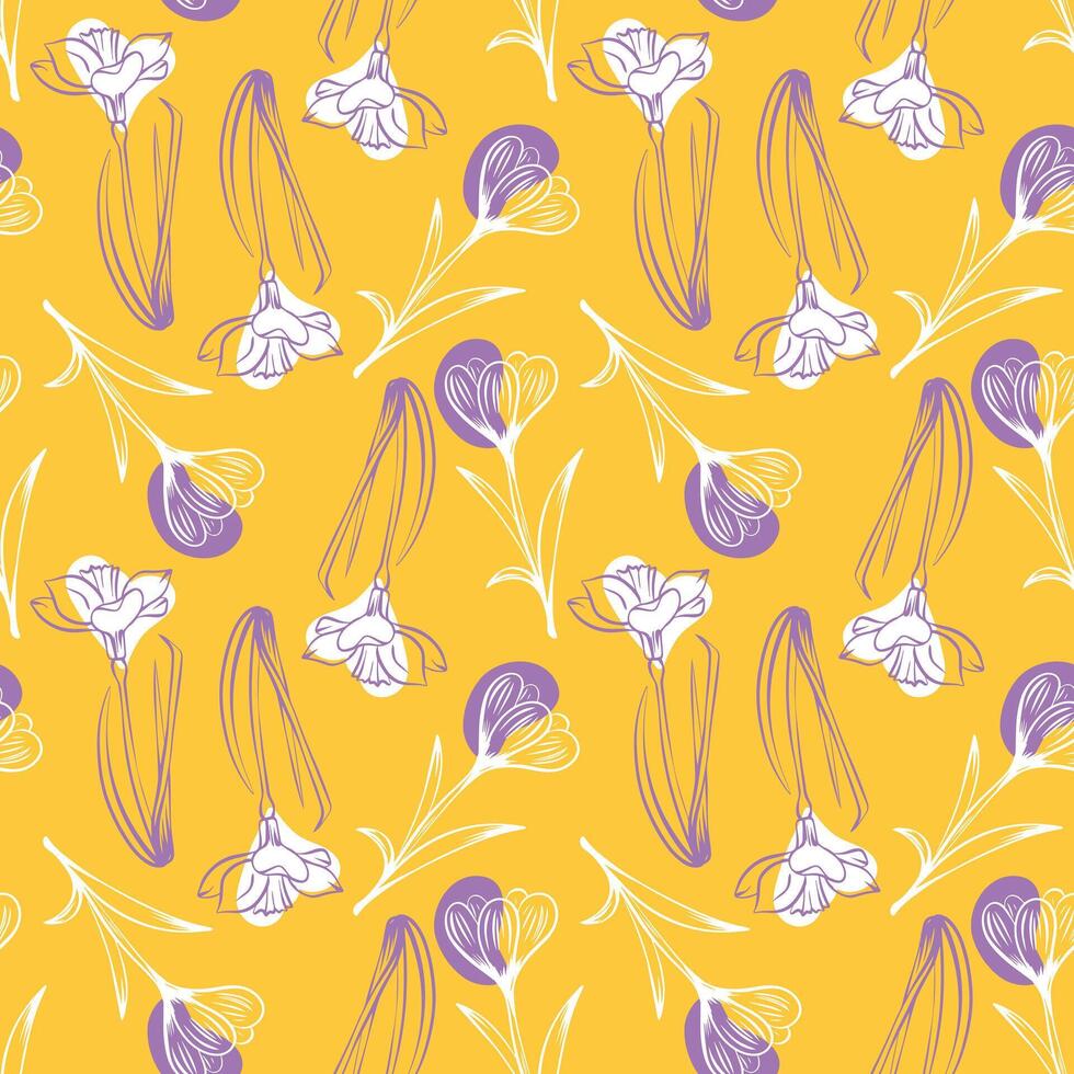 Seamless pattern with spring and summer colors. Sketch-style crocus and narcissus pattern, hand-drawn on yellow background for unique packaging designs and flower shops in vintage style vector