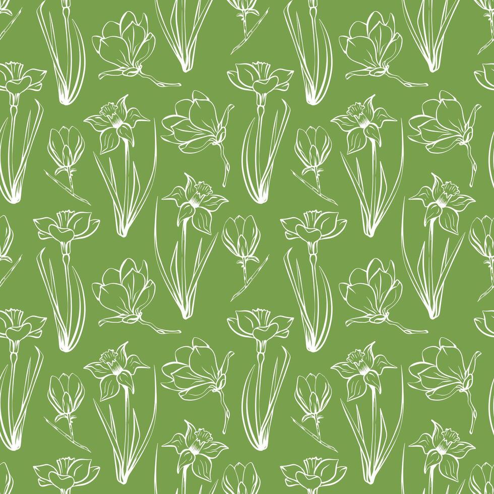 Seamless pattern with spring and summer colors. Sketch-style magnolia and narcissus pattern, hand-drawn on green background for unique packaging designs and flower shops. vector