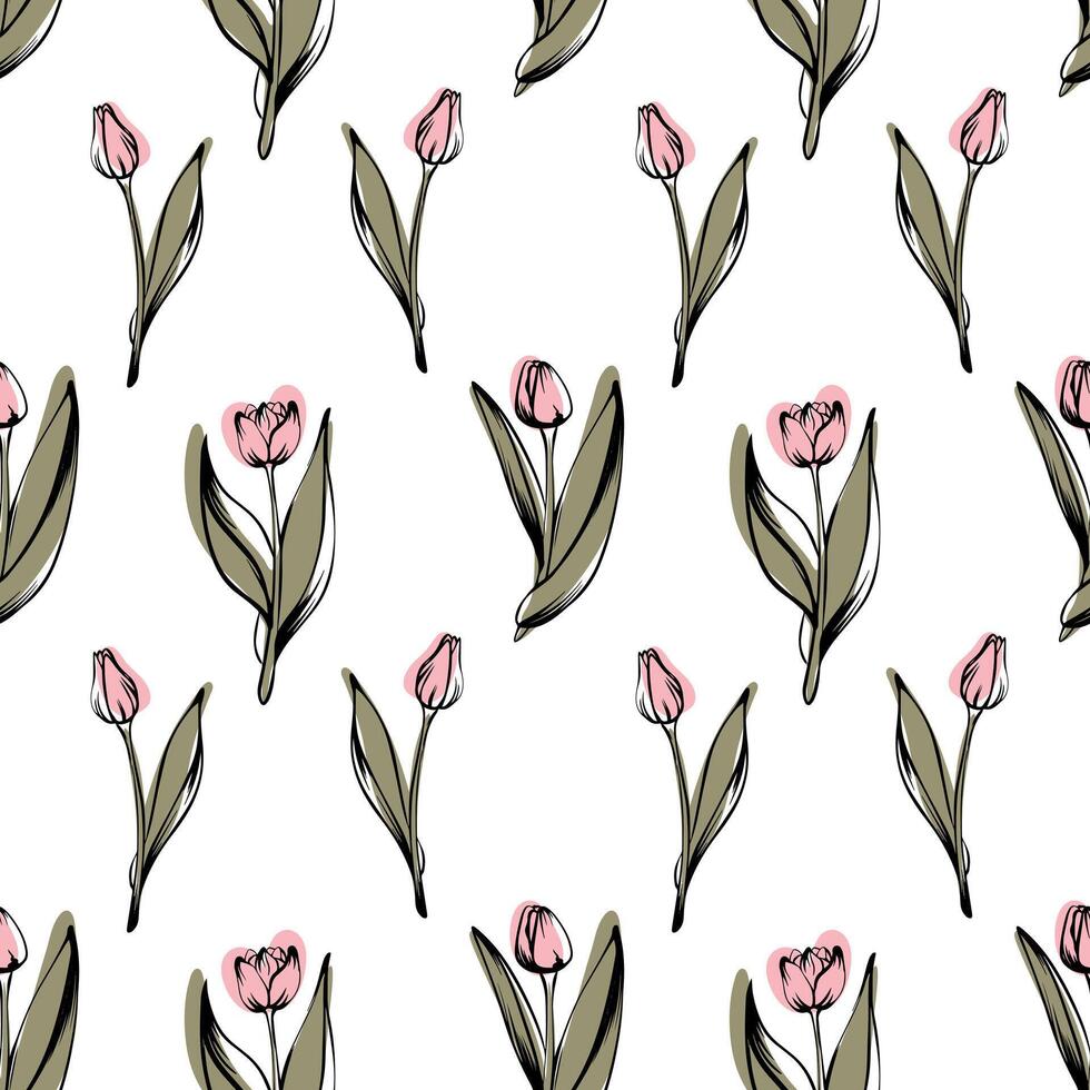 Seamless pattern with spring and summer colors. Sketch-style tulip pattern, hand-drawn on white background for unique packaging designs and flower shops. vector