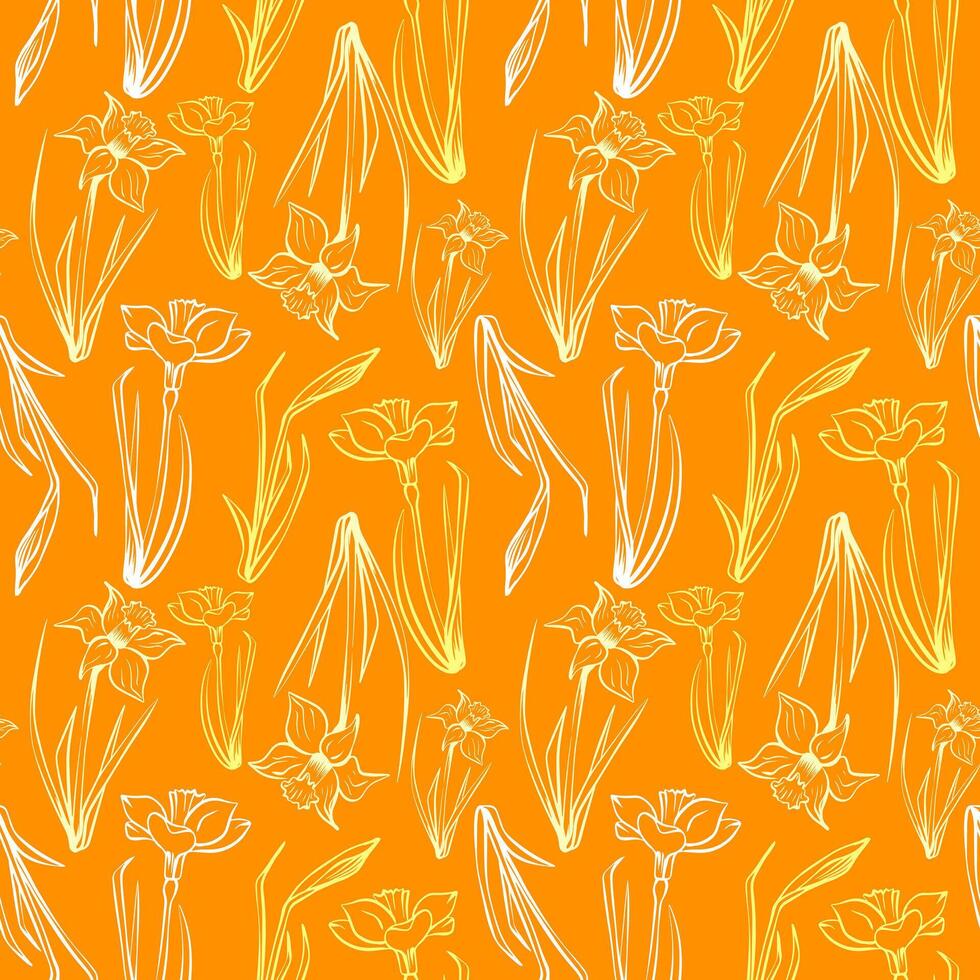 Seamless floral pattern in vintage style. Silhouette of narcissus flower on yellow background for wrapping paper, background, textiles. Spring and summer collection vector
