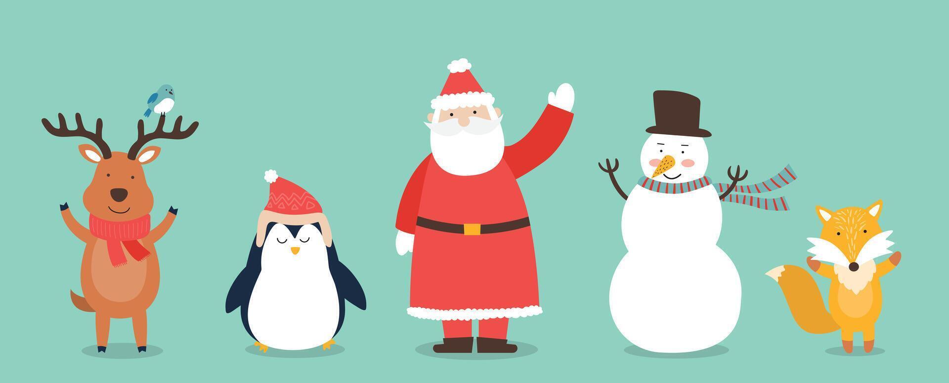 Christmas characters - snowmen, Santa Claus, fox, penguin and raccoon isolated on green background vector