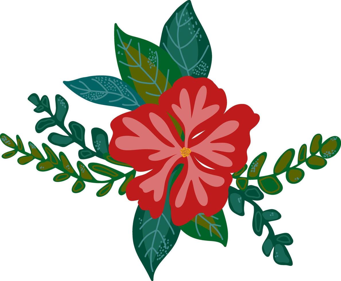 a red flower with green leaves and leaves vector