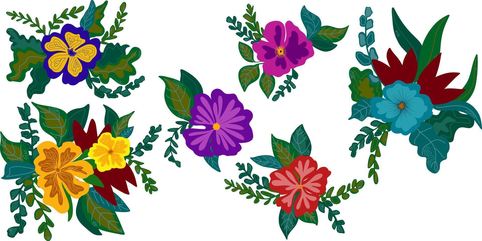 un conjunto de vistoso flores y hojas vector