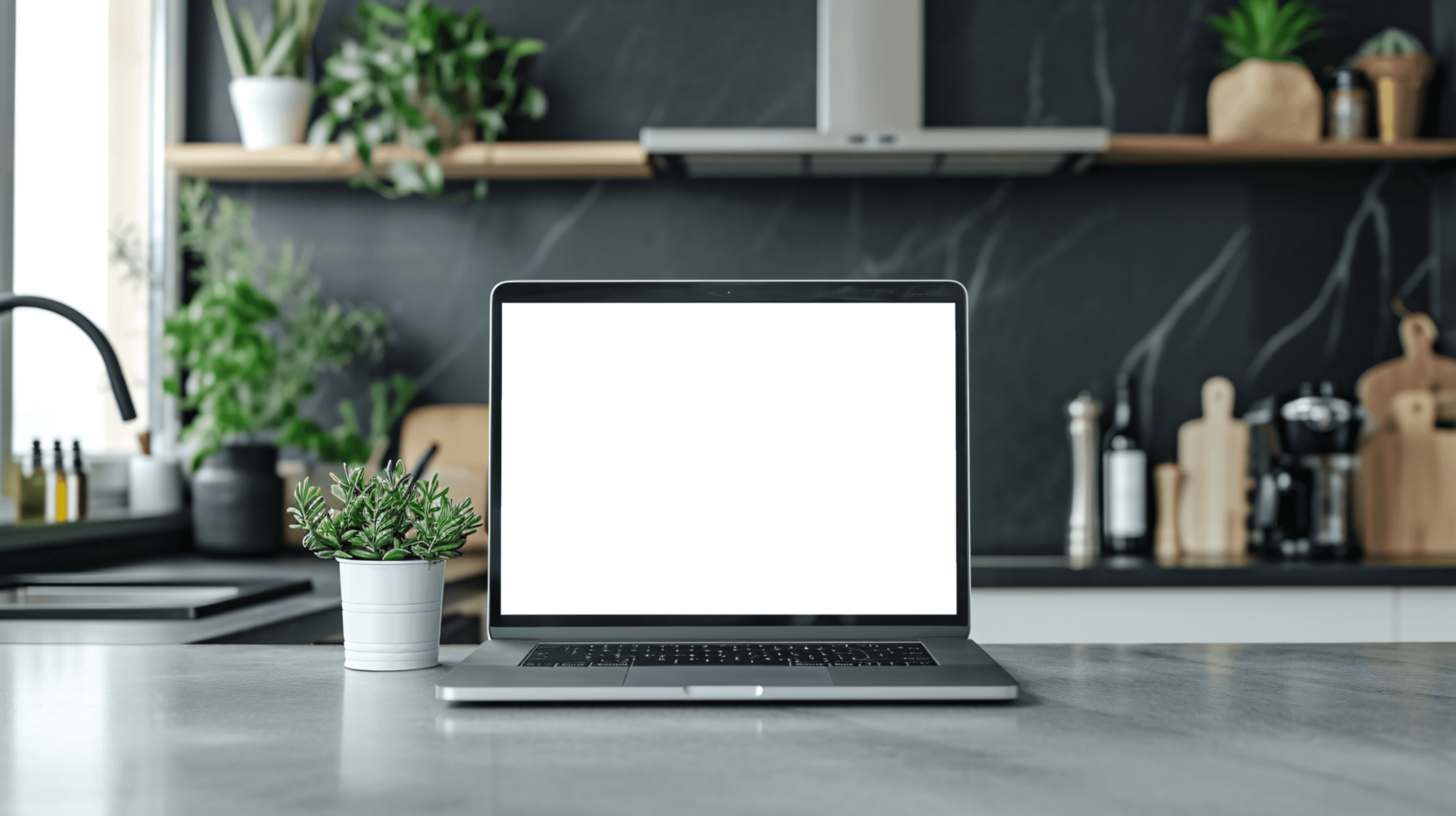AI generated Laptop with blank display on a modern kitchen counter. Mockup image. png