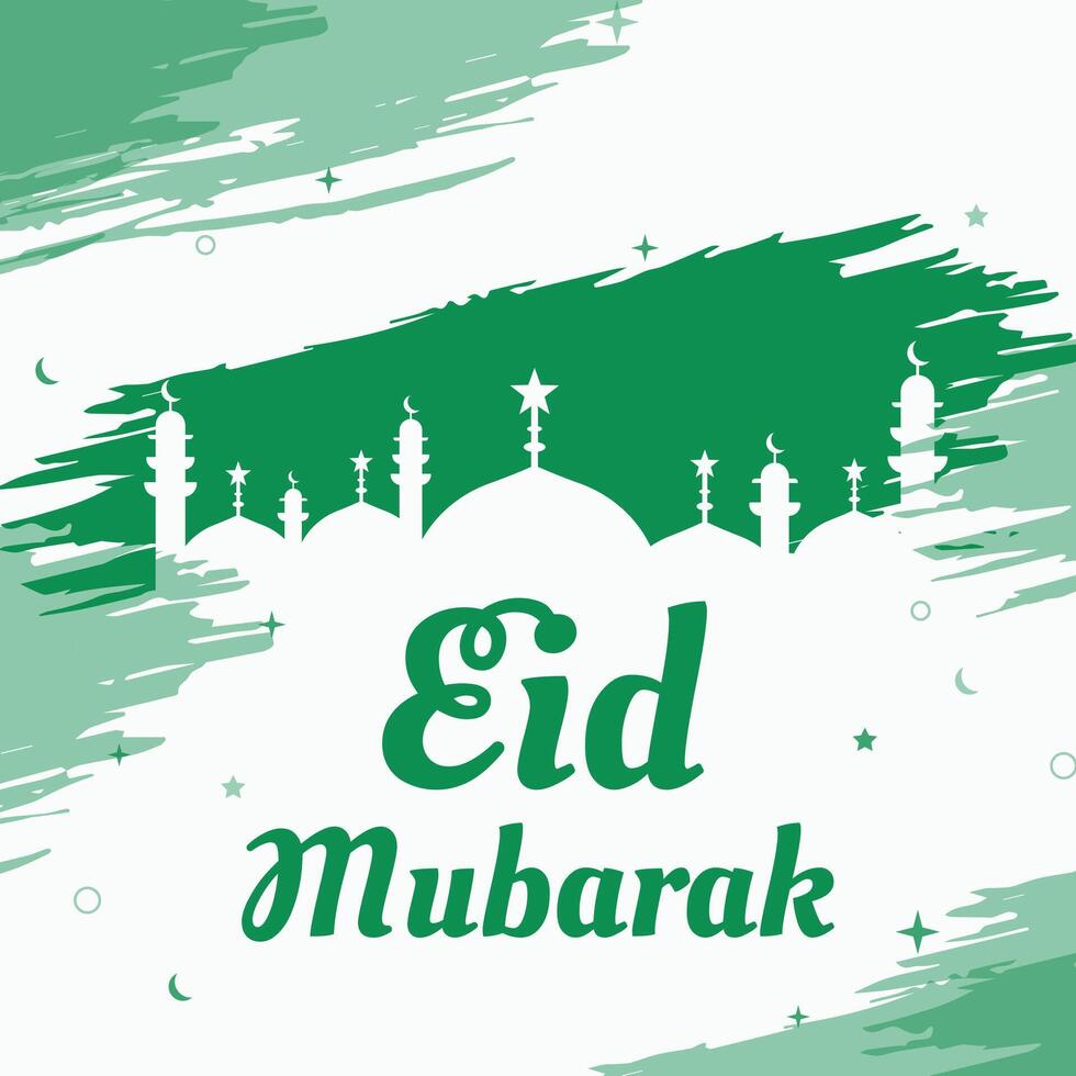 Eid Mubarak Muslim holiday design includes mosque, Eid elements, and English texts with Islamic religious color concepts. The green color scheme represents peace. vector