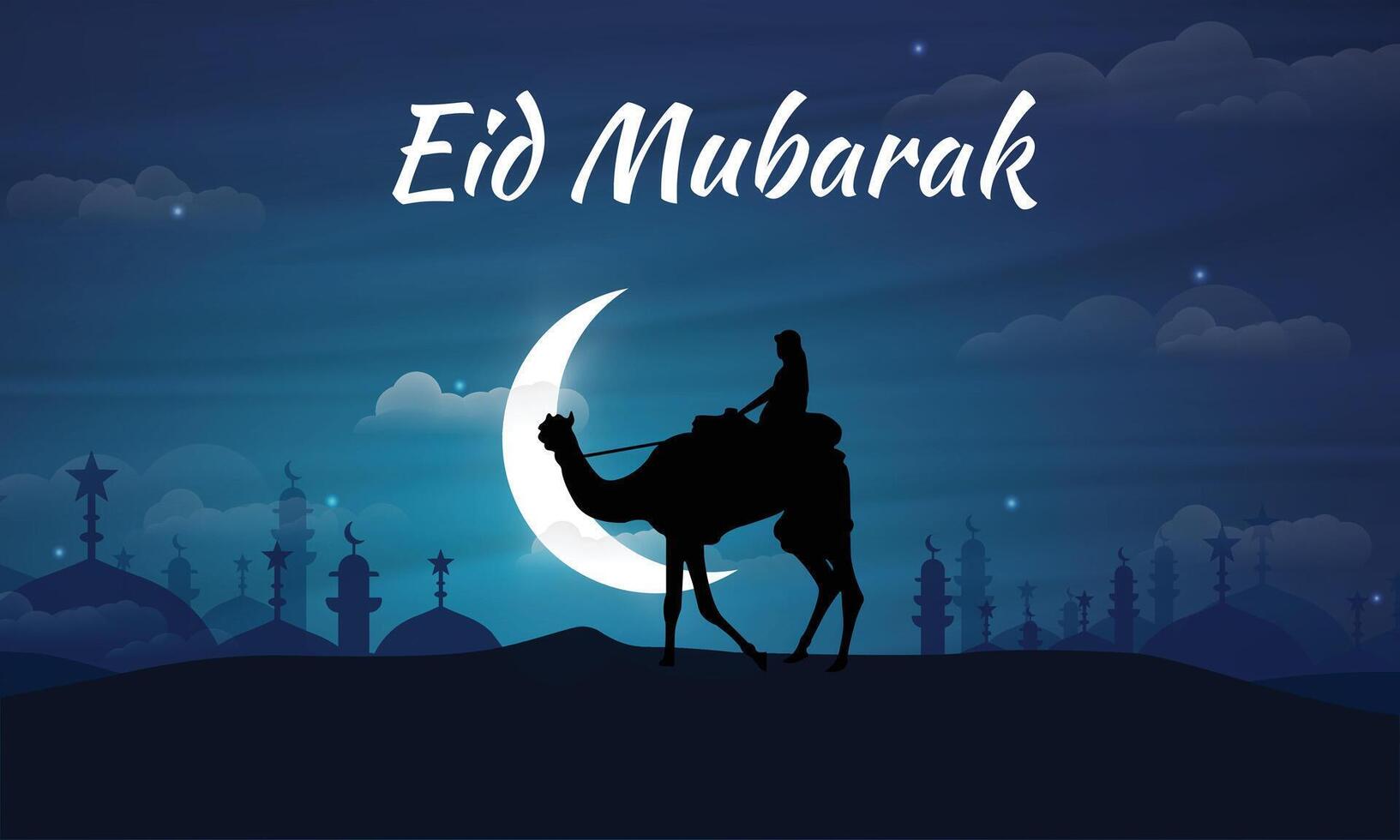 Silhouette of a Arab Man Riding Camel During Holy Night in Desert In Front of Crescent Moon. Islamic Traditional Cultural Cover for the Event of Eid. Happy Eid Mubarak. vector