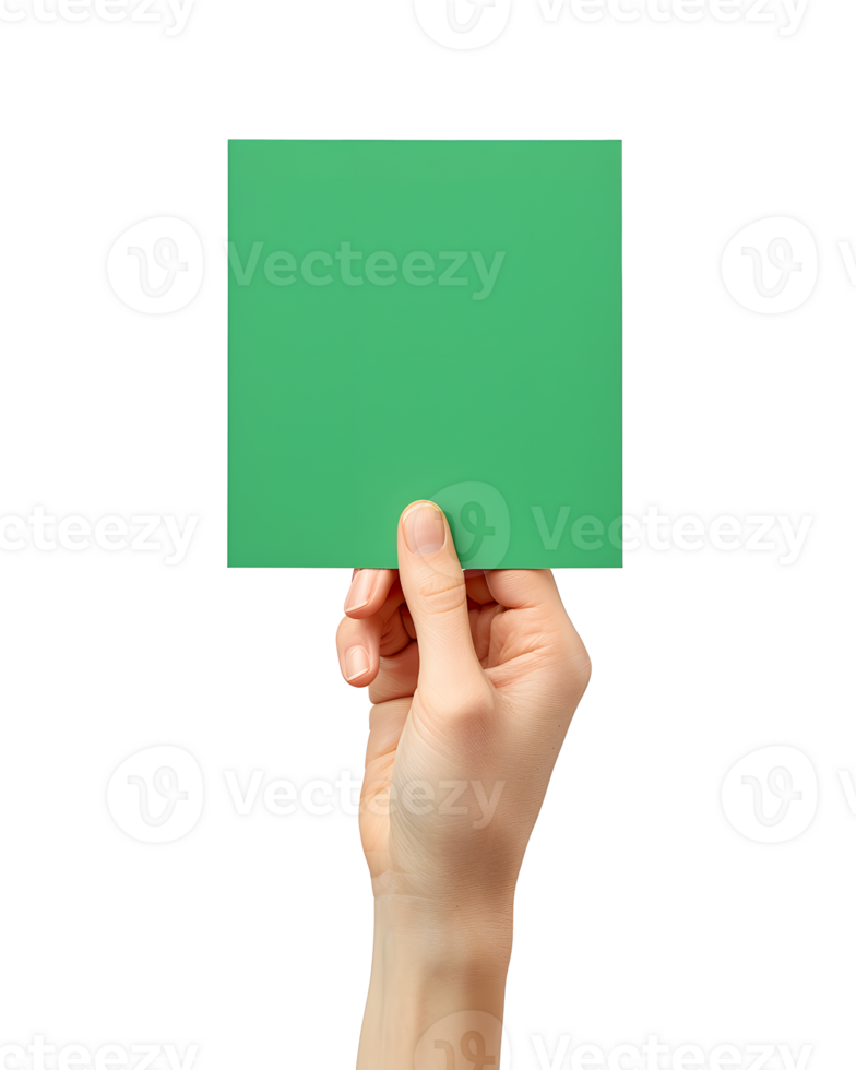 AI generated Hand Holding Blank Green Paper Card on Transparent Background png