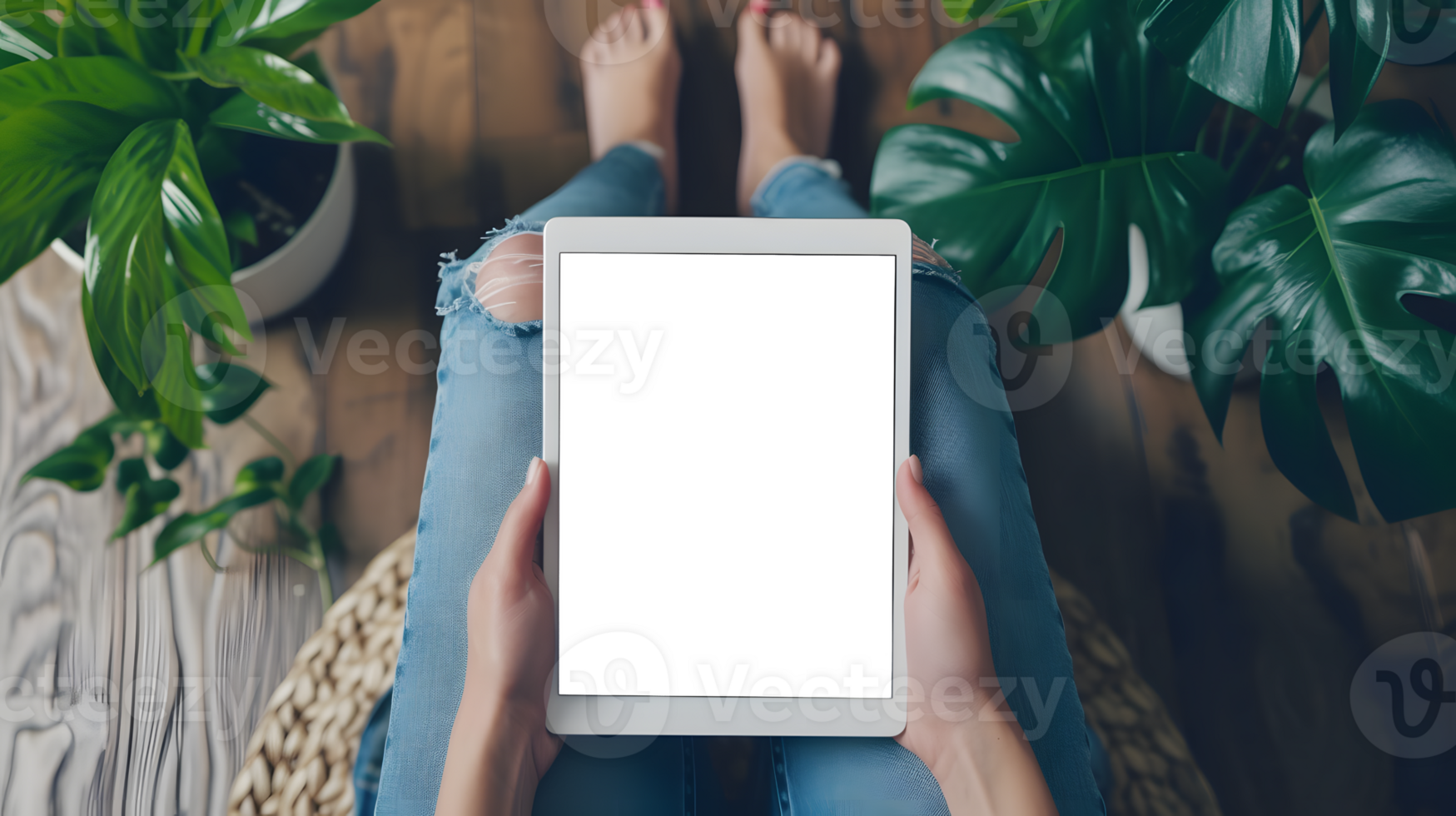 AI generated First Person View of Woman Using Tablet with Transparent Display png