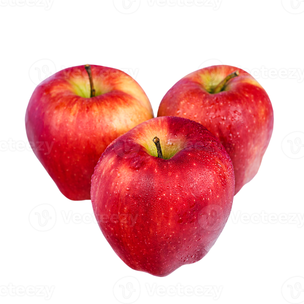 Three red apples with water drops isolate png