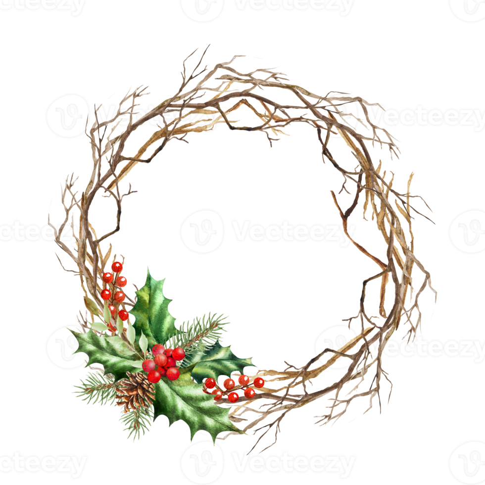 New Year's wreath. Watercolor Christmas drawing. For New Year and Christmas illustrations. png