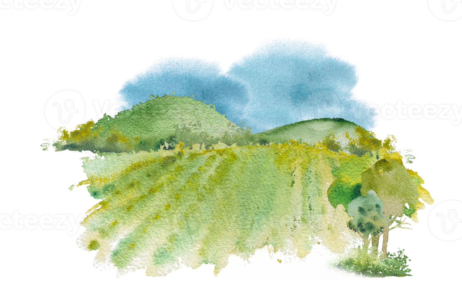 landskap med grön fält, berg, träd. vattenfärg illustration för bakgrund, affisch design png