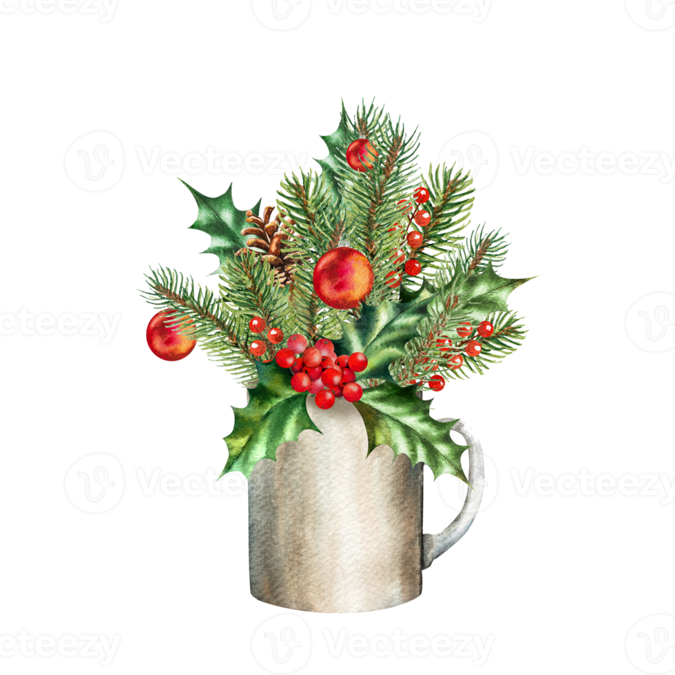 hand-drawn watercolor illustration of a New Year's mug with Christmas tree branches and balls. png