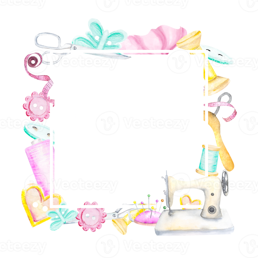 Frame from a watercolor sewing kit. Hangers, buttons, threads, ribbon, sewing machine, needlework, embroidery scissors Hand drawn png