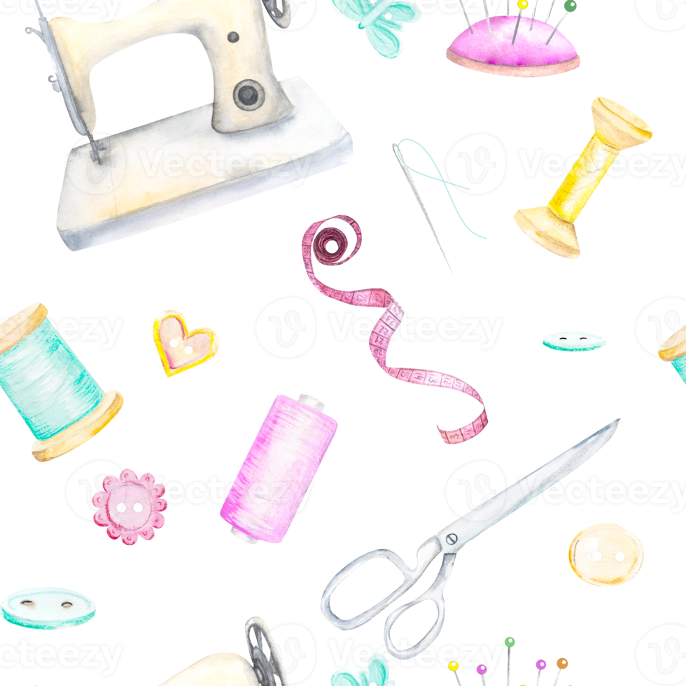Seamless pattern watercolor set for sewing. Hangers, buttons, threads, ribbon, sewing machine, needlework, embroidery, scissors Hand drawn watercolor drawing png