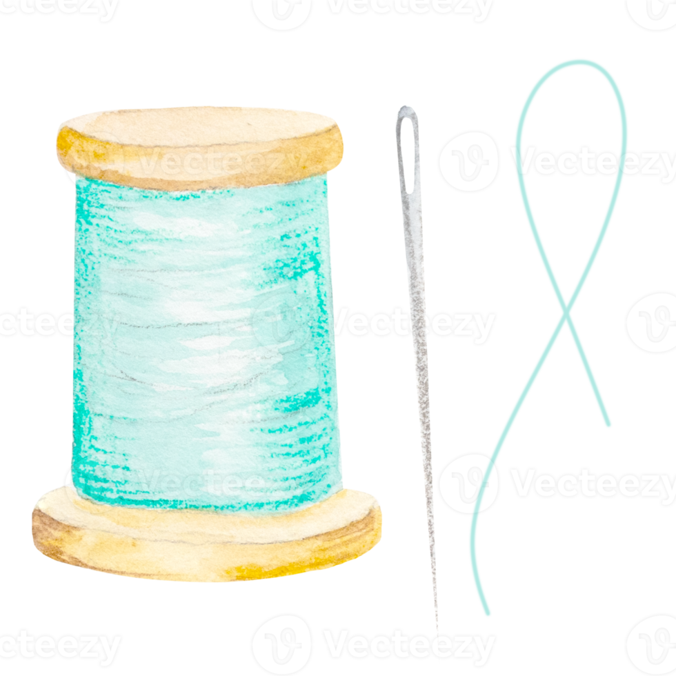 Watercolor illustration of a spool of sewing thread in delicate shades. png