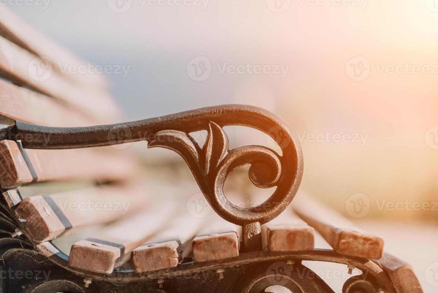 Empty Park wooden bench Closeup view. Wood exterior material. Wo photo