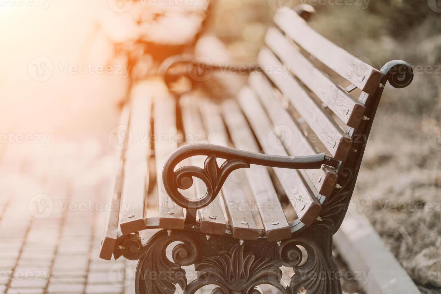 Empty Park wooden bench Closeup view. Wood exterior material. Wo photo