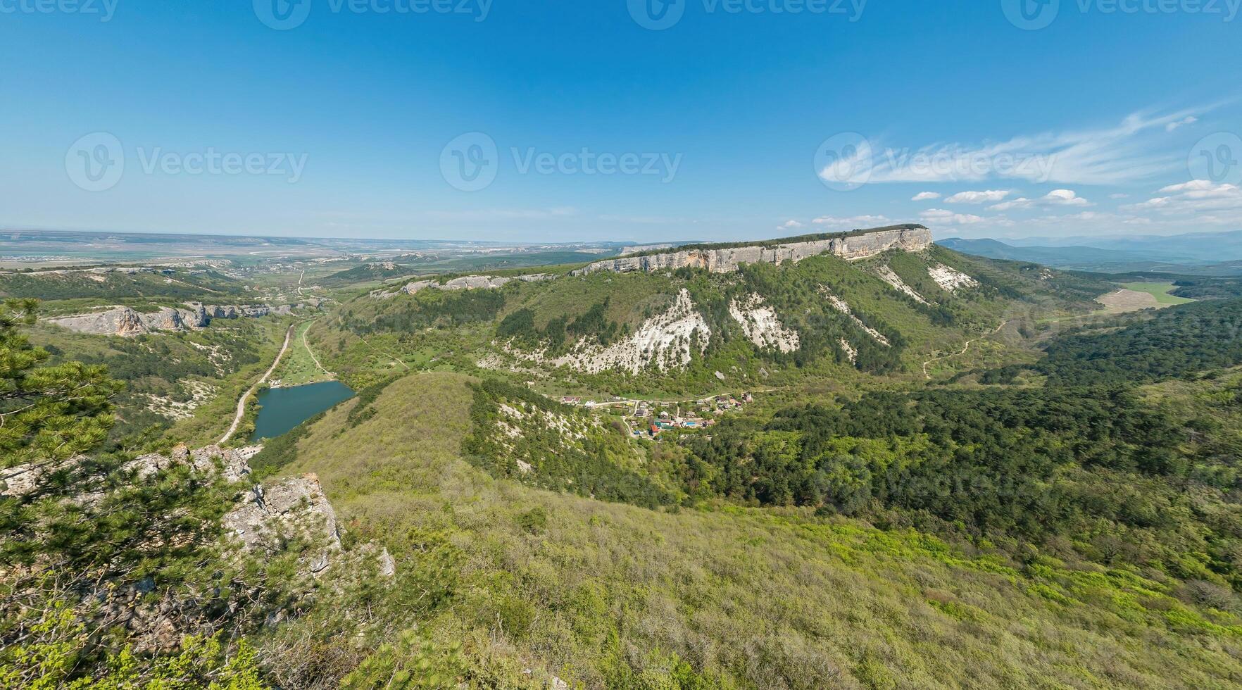Wide panoramic view on mountain landscape with lush green hills under clear blue sky, tranquil natural beauty, perfect for outdoor enthusiasts. photo