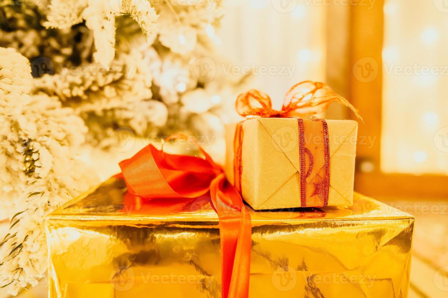presents under Christmas tree, festive and celebratory atmosphere. photo
