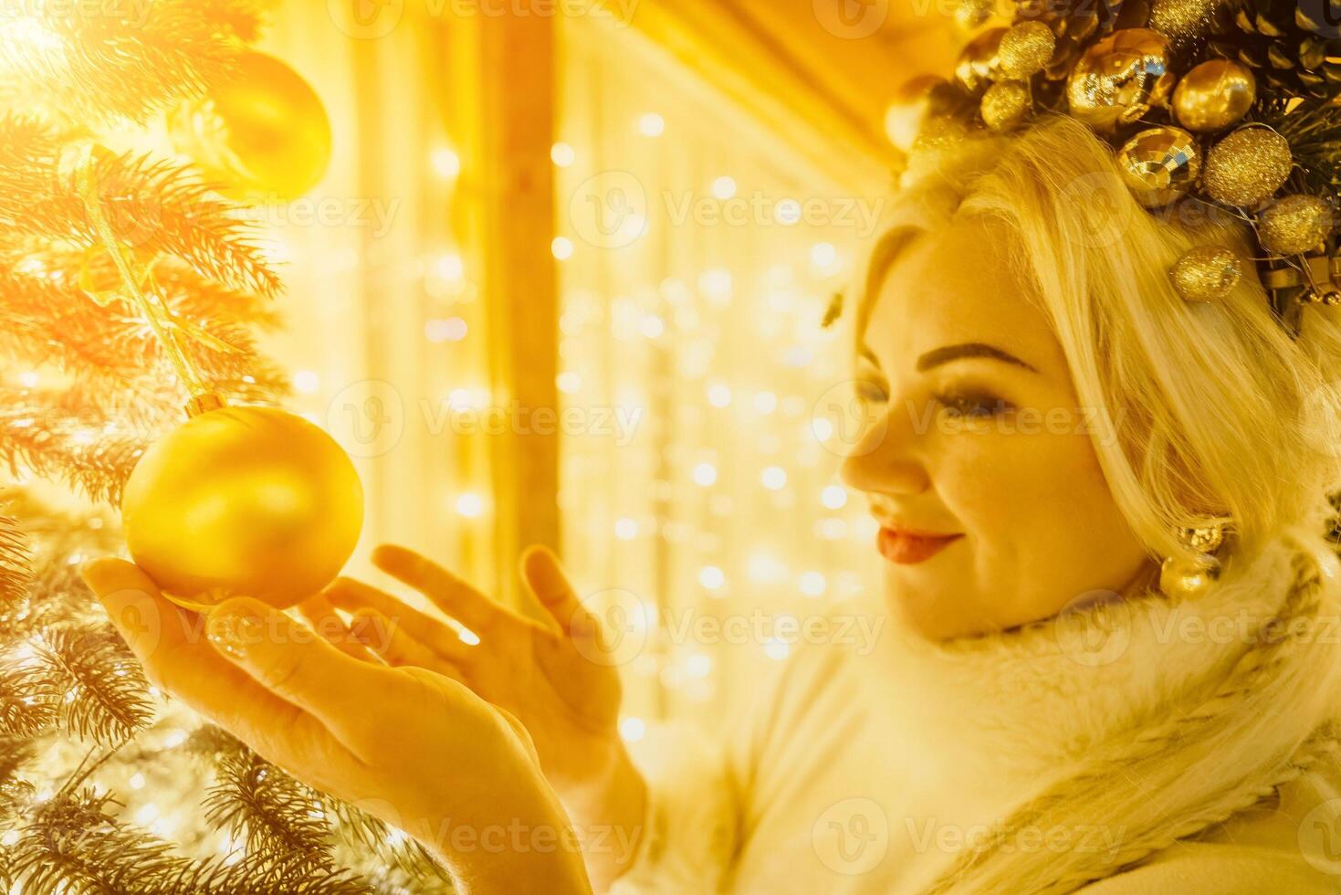 A blonde woman in white dress and a crown of gold ornaments decorate Christmas tree with gold ornaments and lights. The tree is decorated with gold balls and is lit up with lights. photo