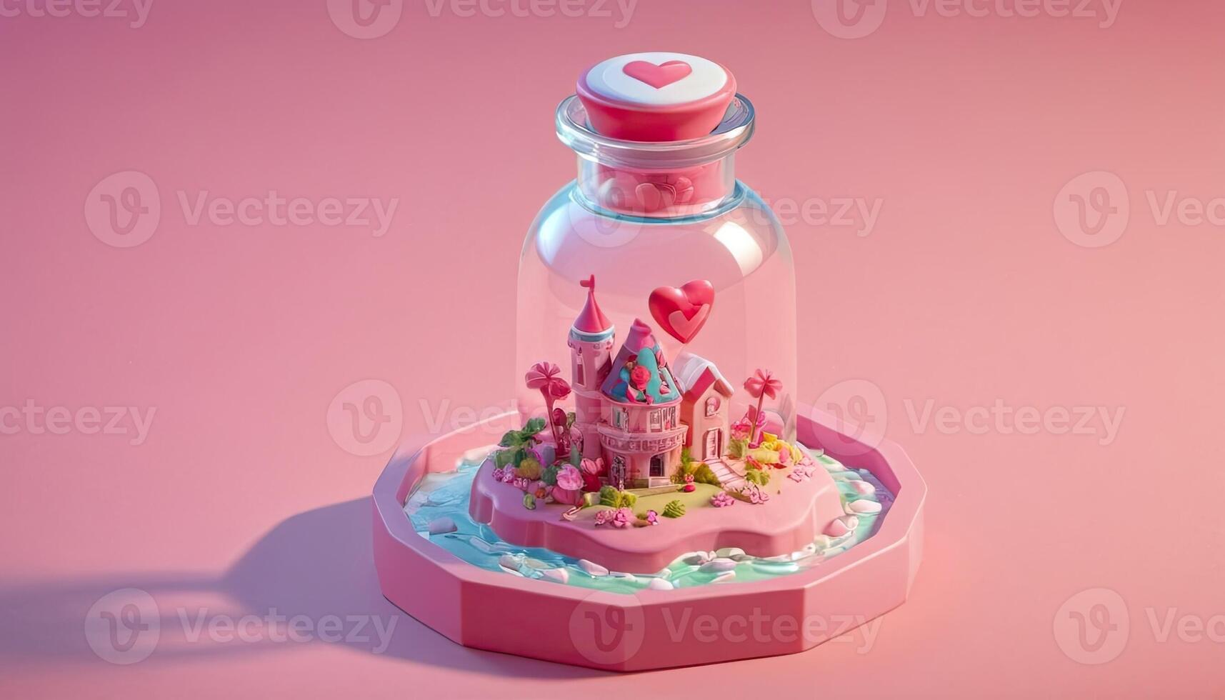 ai generado enamorado día vaso tarro con miniatura escena, ilustrar romántico regalo, corazón decoraciones, fantasía mundo con rosado colores foto