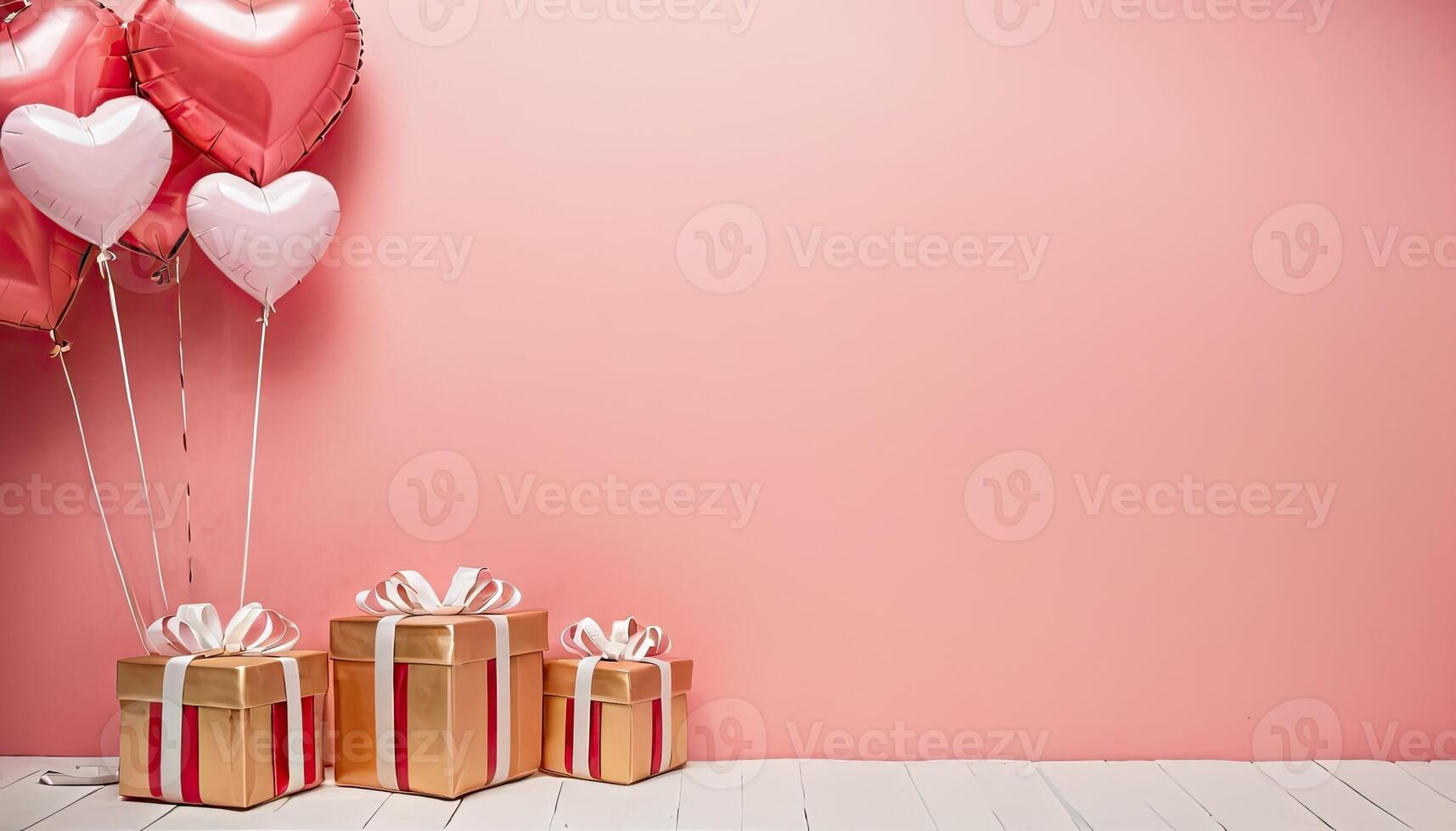 AI Generated Pink hearts and stars on peach backdrop with wrapped present boxes. Valentine Day and Women's Day celebrations, birthday party invitations. Copy space for text photo