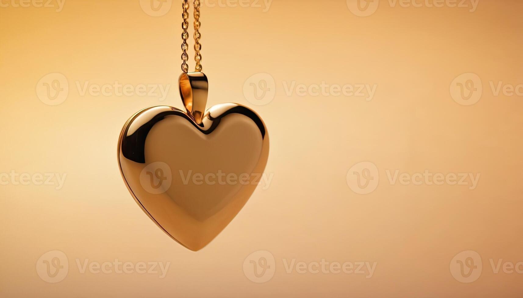 AI Generated Gold necklace, heart pendant on warm backdrop. Valentine Day and Women's Day celebrations. Copy space for text photo