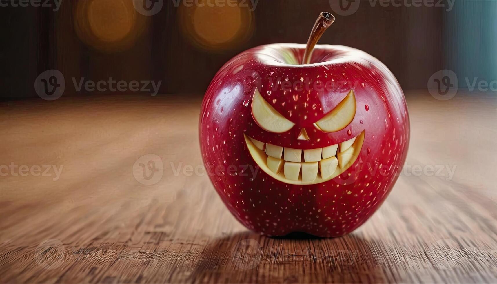 AI Generated Apple evil smiling - carved evil smile on apple, wooden surface, indoor lighting. photo