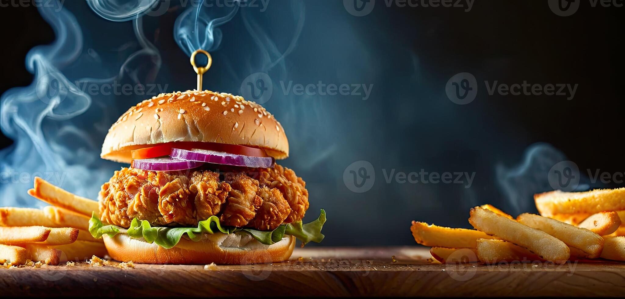 ai generado pollo hamburguesa en de madera mesa con fumar en oscuro antecedentes. frito crujiente pollo culinario presentación con Copiar espacio foto