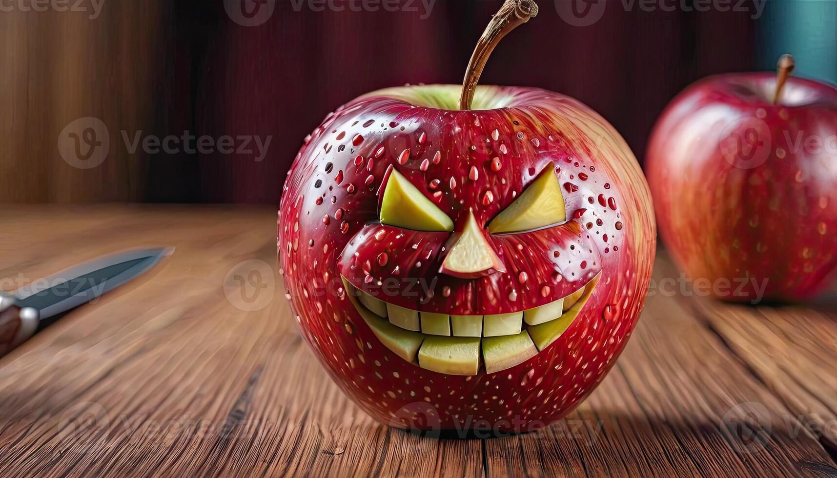 ai generado manzana mal sonriente - tallado mal sonrisa en manzana, cuchillo descansa cerca en de madera superficie, interior Encendiendo. foto