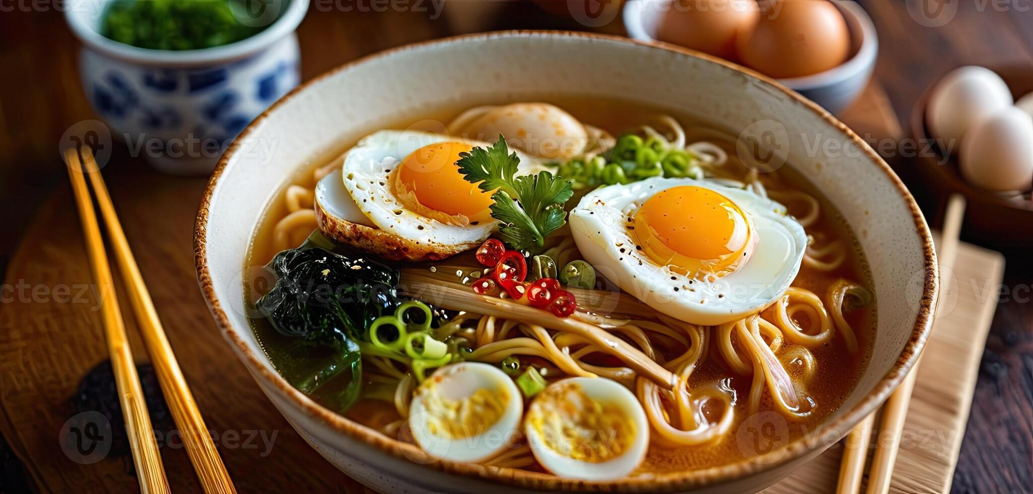 AI Generated Japanese ramen, chopsticks, egg in bowl, traditional cuisine served, noodles, meat in close-up view, hot soup filled with toppings, photo