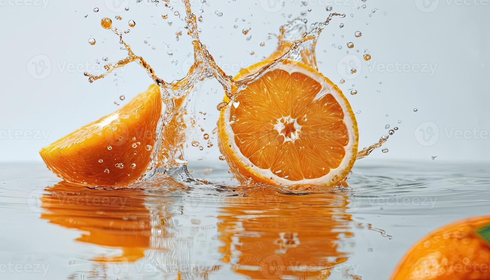 ai generado naranja rebanadas en agua suave superficie. brillante vertical en mojado superficie foto