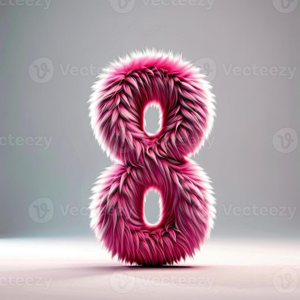 AI Generated Digit eight in pink fur on light background. Cute pink number 8 as fur shape under studio lighting, visual art and creative design element. photo