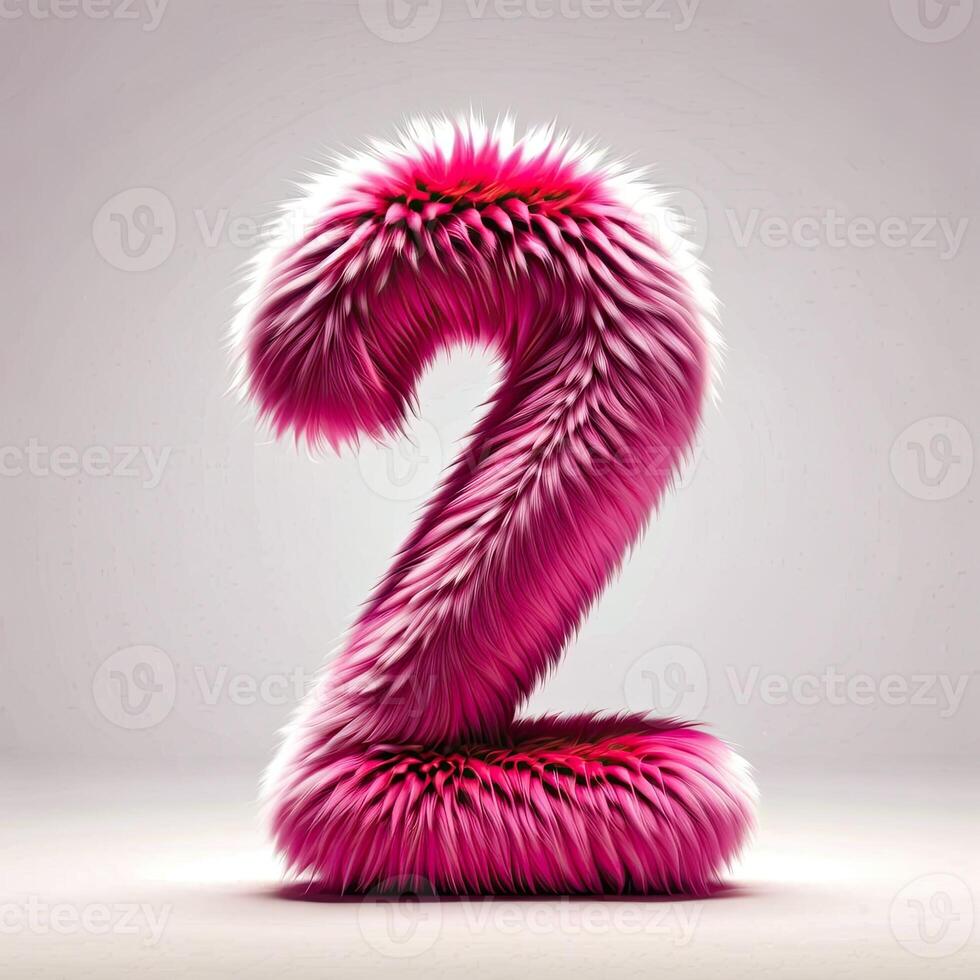 AI Generated Digit two in pink fur on light background. Cute pink number 2 as fur shape under studio lighting, visual art and creative design element. photo