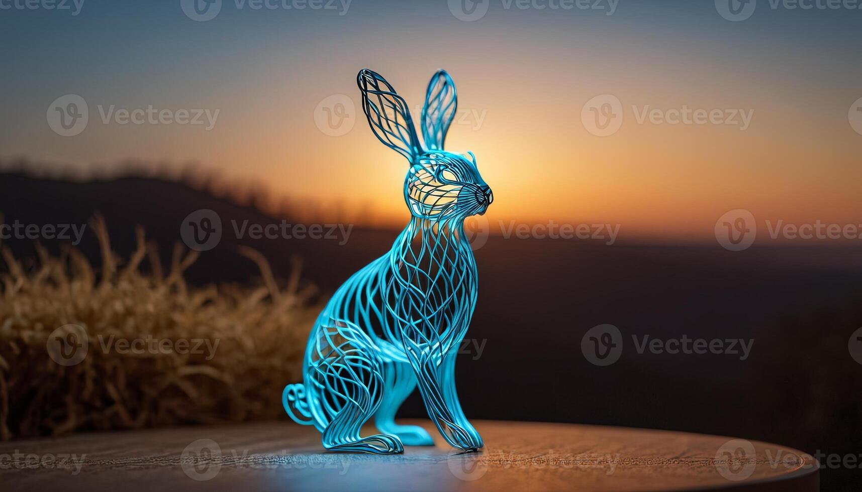 AI Generated rabbit bent wire figure on blurred backdrop, abstract wire hare creative figures, art and imagination intersection. photo