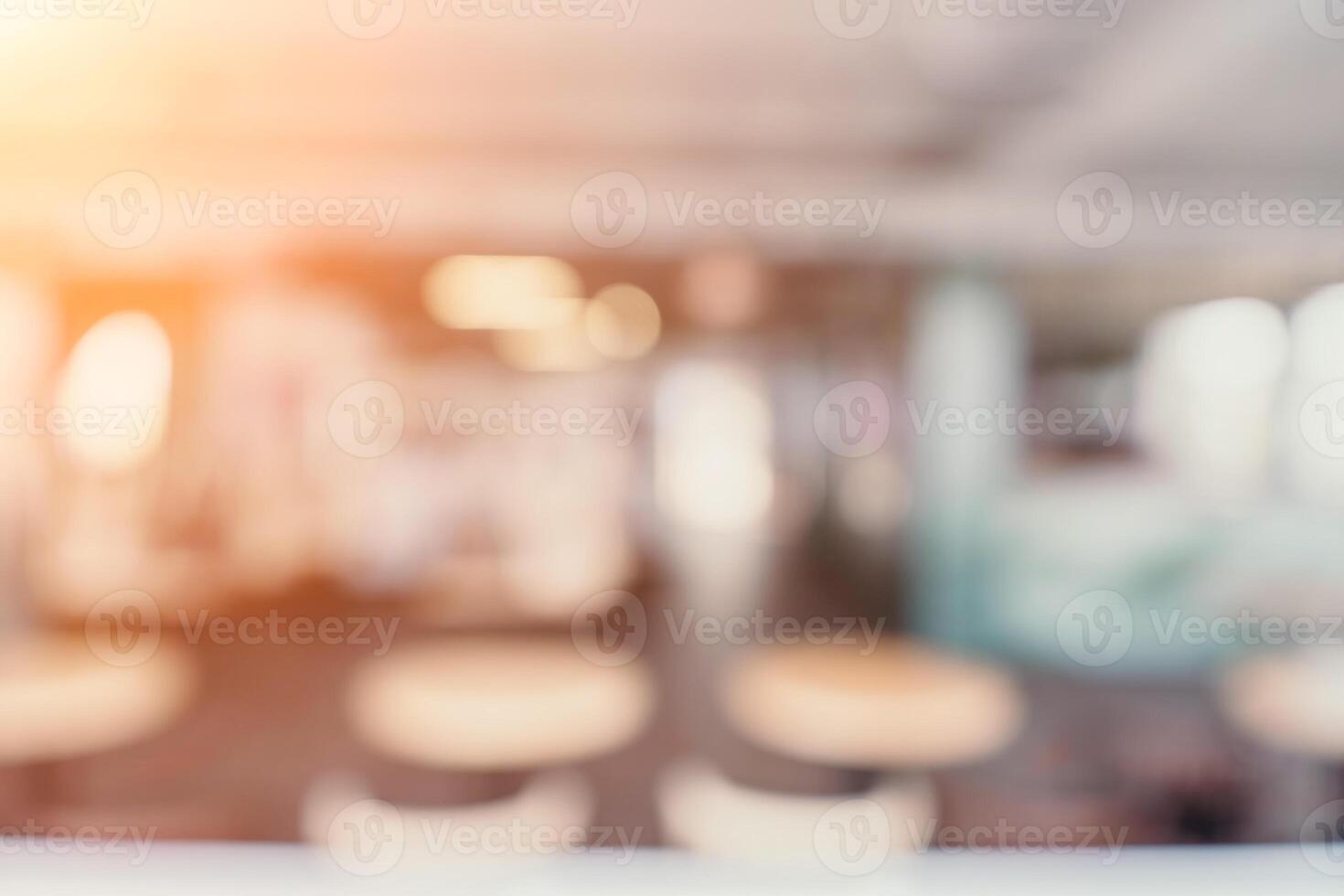 Abstract blur and defocused cafe in hotel resort and lobby interior, long building hallway, apartment, condominium, hotel, commercial office building. Wide angle panorama view. Perfect for background. photo