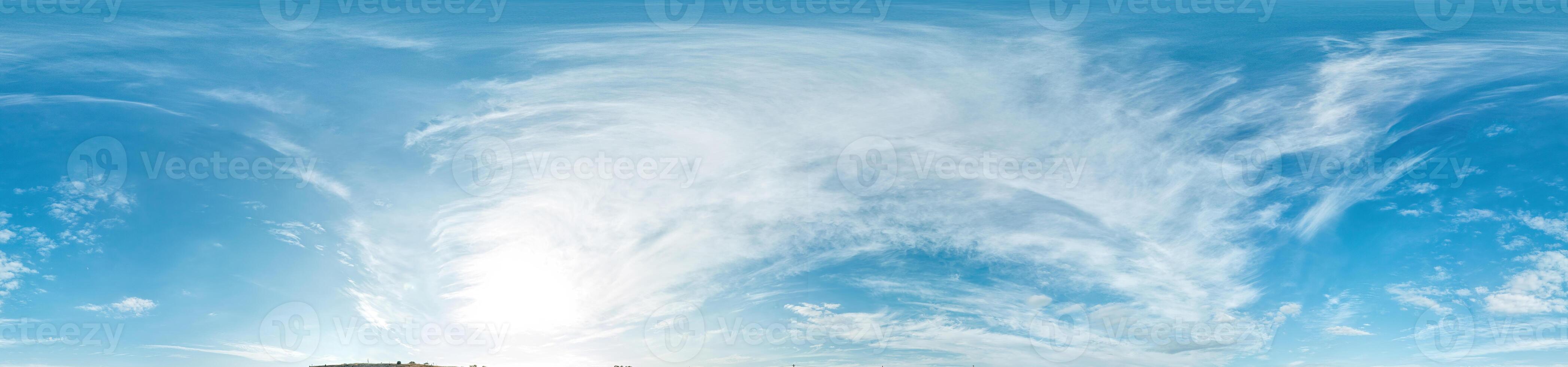 sky part of panorama on sunny day with clouds, without ground, for easy use in 3D graphics and composites in aerial spherical panoramas as a sky dome. photo