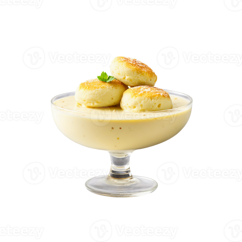 AI Generated Rasmalai soft cheese patties in creamy sauce in a clear glass bowl png
