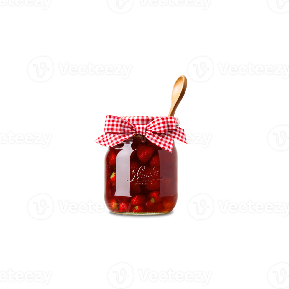 AI Generated Strawberry jam in a clear glass jar tied with a red gingham bow wooden spoon png