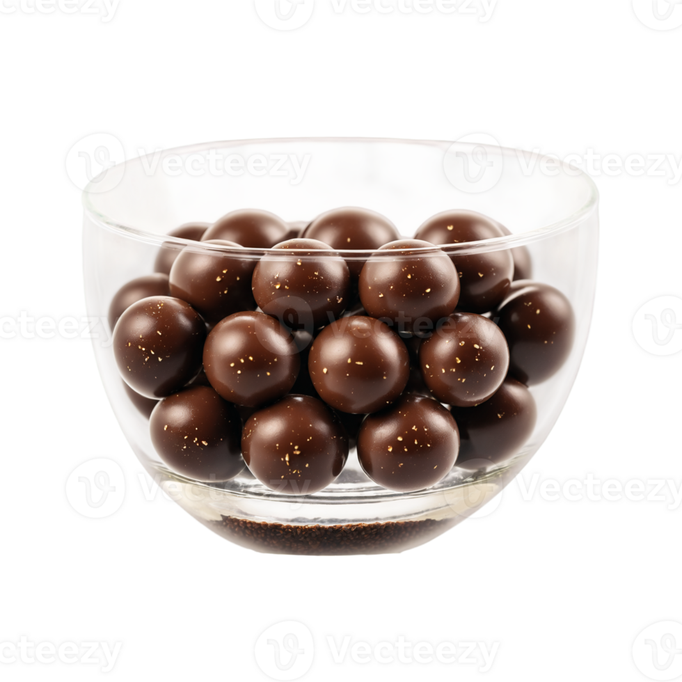 AI Generated Chocolate malt balls overflowing from a clear glass cup eye level angle png