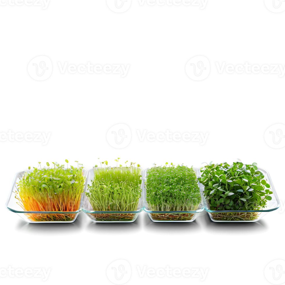 AI Generated Microgreens arranged in a glass dish, shot from a high angle to create a sense of abundance and variety png